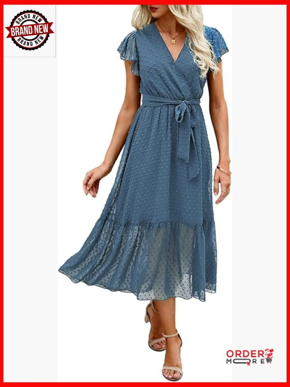Boho Floral Wrap V Neck Ruffle Sleeveless A-Line Midi Sundress with Belt